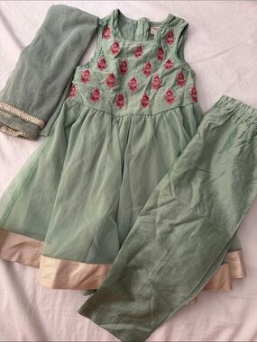 Baby girl Indian Embroidered Mint Green Dress Set